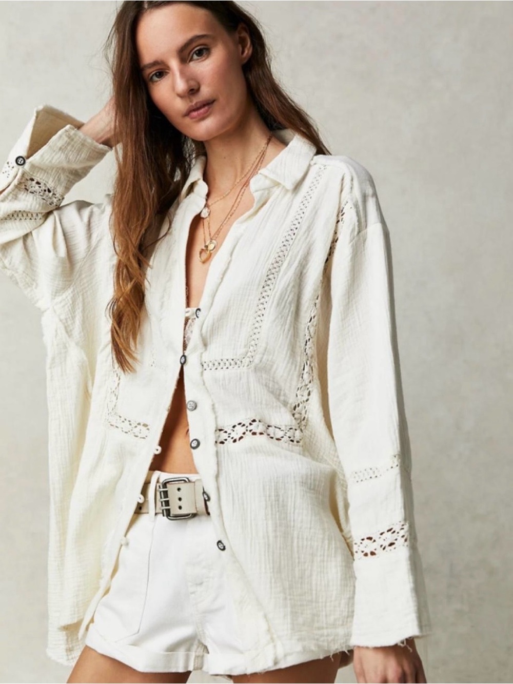 We The Free by Free People Ranch Wash Oversized Lace Panel shirt XS $168 flowy
